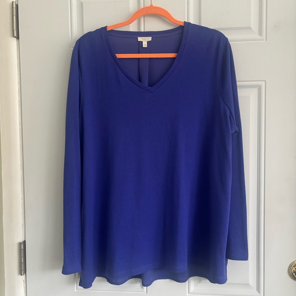 Talbots Indigo Blue V-Neck Knit Front/Sheer Back Top, Size 2X